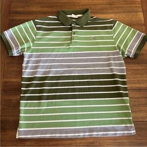LACOSTE Polo Shirt Mens Size 7 Green Striped Pique Short Sleeve *Flaw*